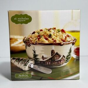 St. Nicholas Square Snow Valley Dip Mix Set Ceramic Bowl and Spreader Christmas
